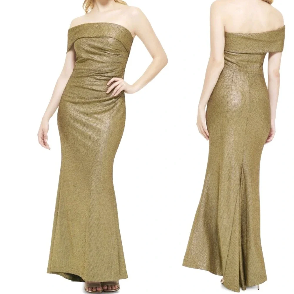 Eliza J Off the Shoulder Fit &‎ Flare Gown Metallic Gold 8 Wedding Prom Formal - Picture 5 of 10